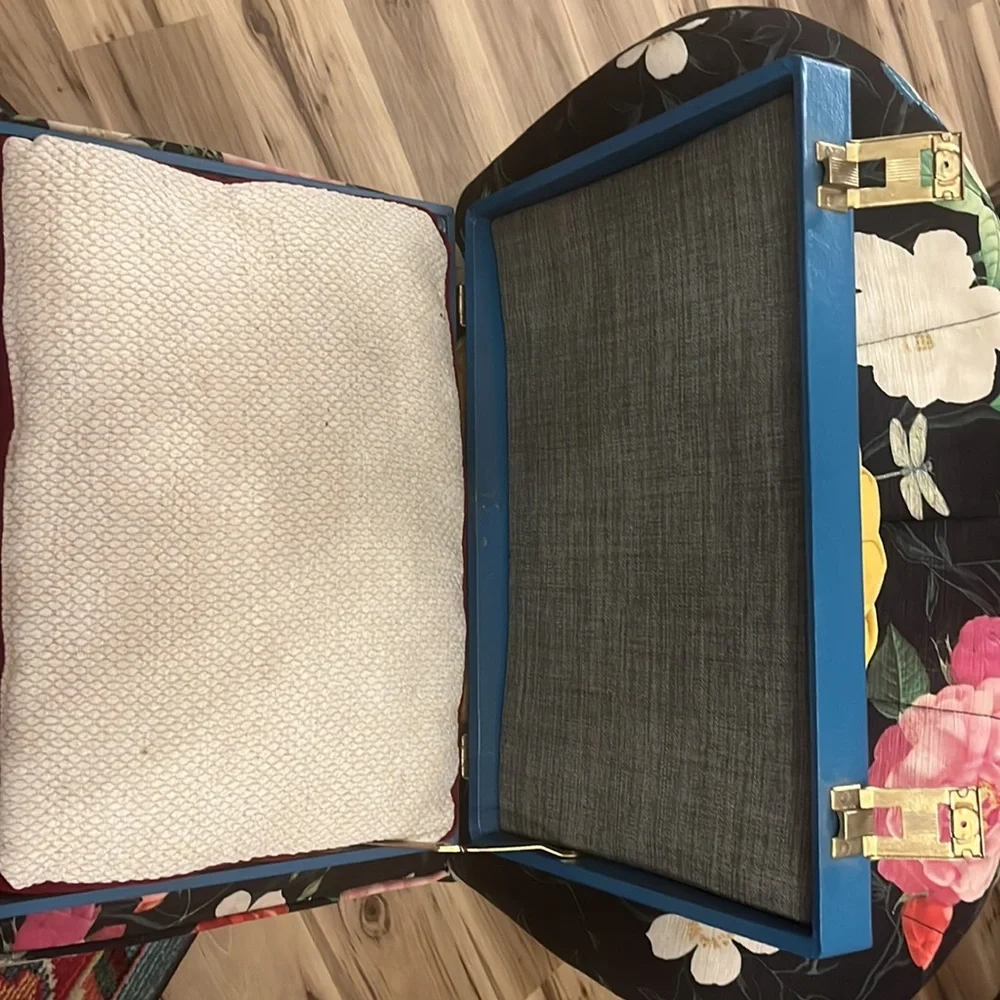 Antique briefcase portable bed for small pets! Purchased from Etsy.
